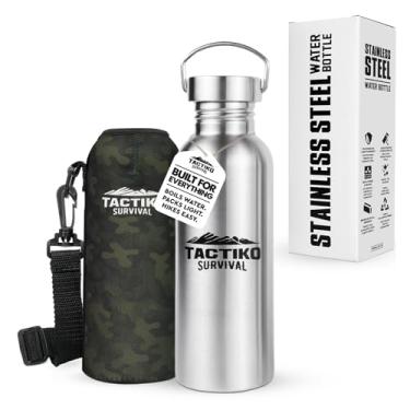 Imagem de Tactiko Survival Garrafa de água de boca larga de aço inoxidável, segura para ferver de parede única, à prova de vazamento, livre de BPA com manga de transporte e alça para acampamento, caminhada
