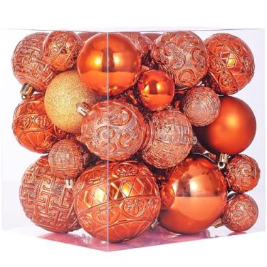 Imagem de Conjunto de 46 peças de enfeites de bola de Natal laranja cobre com laços de veludo, decorações de Natal vintage inquebráveis com ganchos para pendurar para férias em 3 tamanhos (pequeno, médio grande