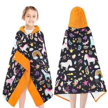 Imagem de Yzqcckss Toalhas de poncho com capuz para crianças de 3 a 10 anos - algodão grosso macio floral unicórnio infantil toalhas de banho/toalha felpuda para piscina envoltório de praia absorvente fofo