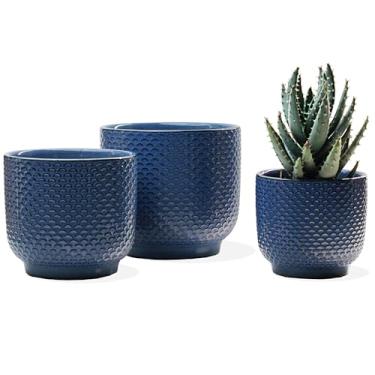 Imagem de Vasos de cerâmica de 10 + 15 + 15 cm para plantas de interior, vasos de suculentas, vaso de flores de orquídea com orifício de drenagem, vasos modernos de grés de barro, conjunto de 3 (azul escuro, 10
