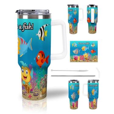 Imagem de Uruzuo Copo com alça 1,134 g, copo com tampa e canudo, caneca de viagem de aço inoxidável isolado, copo sem vazamento, adequado para porta-copos, mantém frio e quente por 24 horas, peixe