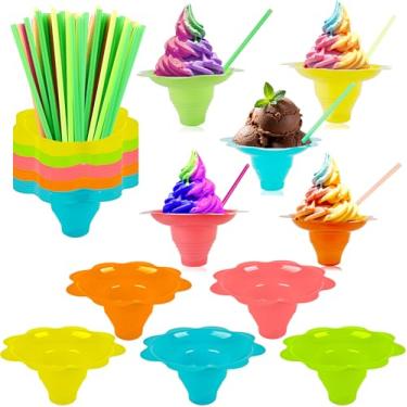 Imagem de Medanera 200 peças de copos de cone de neve com canudos de colher 227 g flores coloridas lanche raspado tigelas de sorvete para crianças gotejamento de gelo de plástico para férias verão churrasco