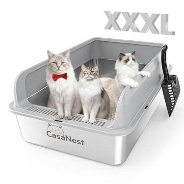 Imagem de Caixa de areia para gatos de aço inoxidável XXXL 71 cm × 51 cm × 25 cm Caixa de areia de metal extra grande para gatos grandes, multi gatos, panela de metal antivazamento e antiaderente, fácil de