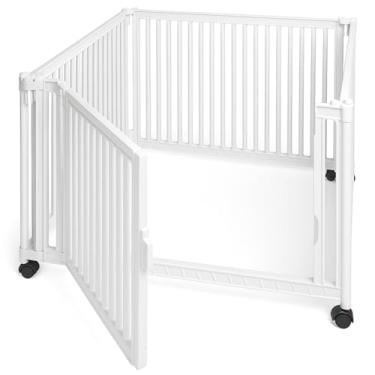 Imagem de Cercado Portátil para Cachorro, Grade de Proteção Modular em Plástico Branco com Rodinhas, Canil Interno com Porta para Filhotes e Cães, Acessório de Treinamento