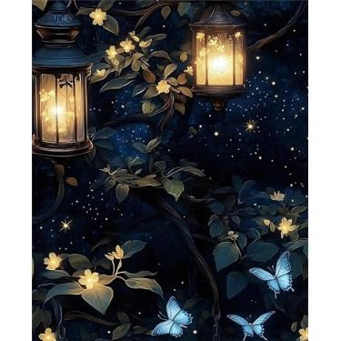 Imagem de Papel de parede escuro descasque e cole a floresta noturna papel de parede vintage folha verde vinil à prova d'água autoadesivo retro lanterna borboleta parede mural para quarto armário decoração de