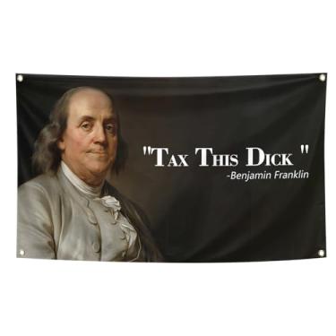 Imagem de Benjamin Franklin Tax This Dick Funny Flag Banner 9,5 x 1,2 m Pôster Engraçado Durável Caverna Tapeçaria de Parede com 4 argolas de latão para decoração de dormitório universitário, eventos, festivais