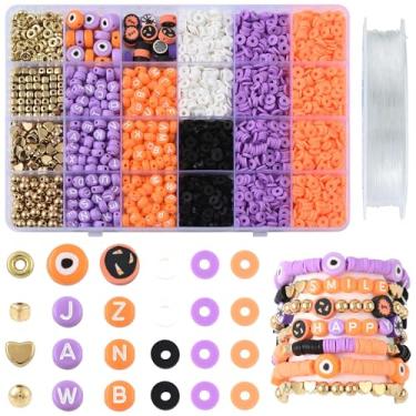 Imagem de MakemadeDIY Kit de fabricação de pulseiras de amizade de Halloween com 2646 peças, incluindo contas de plástico de argila de polímero, roxo, cor abóbora, fio de cristal elástico transparente para