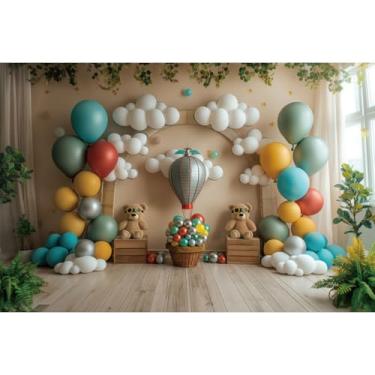Imagem de YongFoto Urso balão arco pano de fundo 2,1 x 1,5 m balão de ar quente chão fotografia fundo primeira viagem chá de bebê festa de aniversário banner crianças retratos sessão de fotos papel de parede