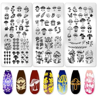 Imagem de Benikmake 3 peças molde de carimbo de unha de cogumelo florestas fungos folhas estêncil inoxidável para salão de manicure 6 x 12 cm 6 x 12 cm