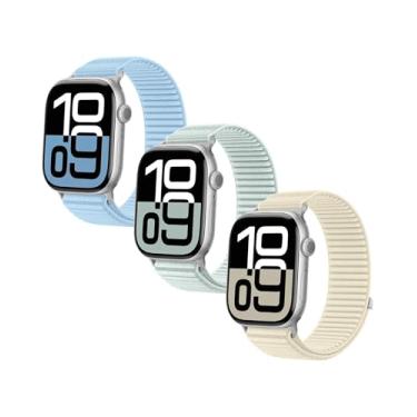 Imagem de Pulseira de nylon macio para Apple Watch SE/2 e séries 9/8/7/6/5/4/3 para meninas e meninos, para Apple Watch 42/44/45 mm (azul claro + ciano claro + luz das estrelas)