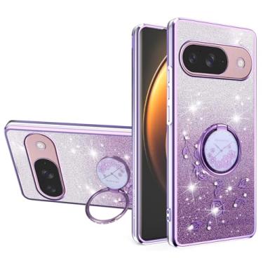 Imagem de MRRSIWEI Capa com glitter para Google Pixel 10/10 Pro, flores brilhantes à prova de choque para mulheres e meninas com suporte de anel para Google Pixel 10. Flores roxas