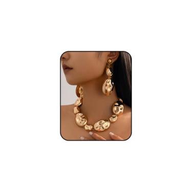 Imagem de Conjunto de colar e brinco de declaração de ouro, colares e brincos grandes com pingente grande martelado, acessórios longos extra grandes para mulheres, conjunto de joias modernas, presentes, Large