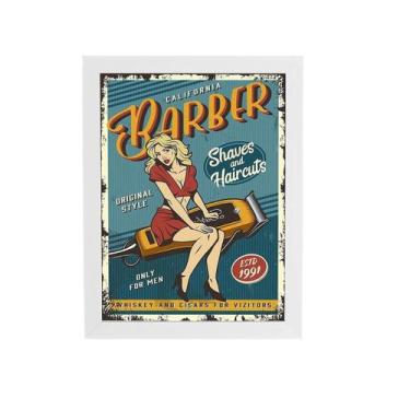 Imagem de Quadro Barbearia Barber Mulher Retro Moldura Branca 60X40Cm - Plimshop