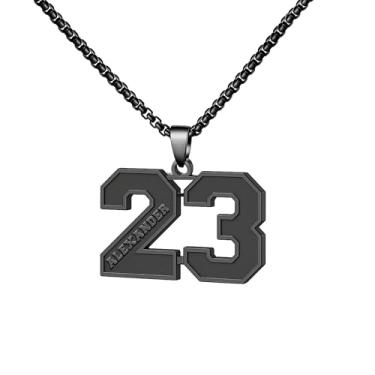 Imagem de Ldurian Colar com nome de número personalizado, pingente de corrente de número esportivo para homens, colares de nome de atletas personalizados 00-99 preto presente de aço inoxidável para homens