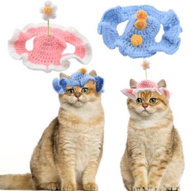 Imagem de HACRAHO Lindo chapéu de malha para gatos, 2 peças, dinossauros e flores brancas, chapéu de gato, chapéus de crochê feitos à mão, gorro de lã de tricô de inverno, fantasia de festa de Natal de
