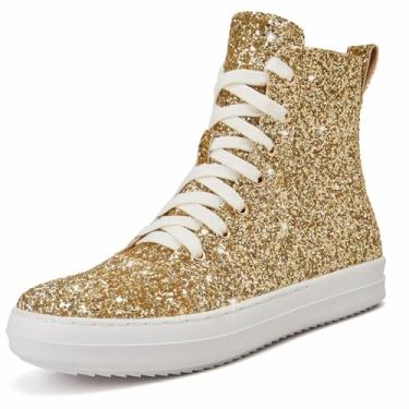 Imagem de UBWDU Tênis Feminino Cano Alto Com Glitter E Plataforma, Zíper Strass, Brilhante, Para Casamento, Noiva, Dourado, 9,5