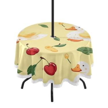 Imagem de ATTX Toalha de mesa redonda Cherries Ducks – 152 cm, impermeável, à prova de derramamento, uso interno/externo, com orifício para guarda-chuva com zíper para acampamento, piquenique, praia, festa