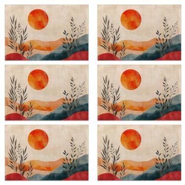 Imagem de Conjunto de 6 jogos americanos de mesa de meados do século, tecido de linho impermeável, suporte antiderrapante e fácil de limpar, protetores de mesa de jantar elegantes para família e convidados (sol