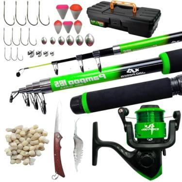 Imagem de Jau Pesca Kit de Pesca Completo com Vara Telescópica 5 Seções, Molinete 1 Rolamento, Anzóis, Chumbadas, Bóias, Isca Artificial, Canivete, Ração 50g, Capacidade 3,5kg (Verde)