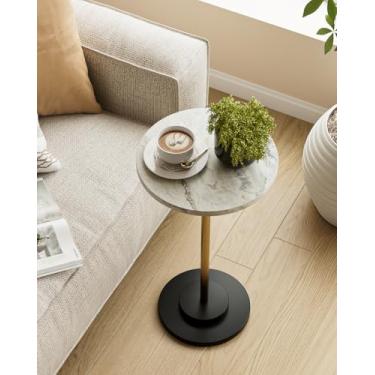 Imagem de Mesa lateral redonda, pequena mesa de bebida para espaços pequenos, mesa de canto moderna com perna de metal para sala de estar, quarto, cantos e escritório (mármore)