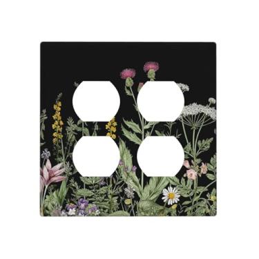 Imagem de SgEdao Capas de tomada decorativas vintage floral com cardo, margarida e folhas verdes sálvia 2 placas de parede receptáculo duplo duplex capas de interruptor de luz para decoração de cozinha e casa