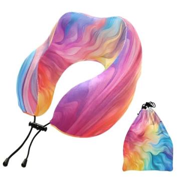 Imagem de CEBUGI Travesseiros de viagem portáteis em forma de U, travesseiro de pescoço de espuma viscoelástica com trava de corda ajustável para avião, viagem, trem, negócios, escritório, soneca (colorido