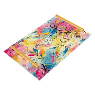 Imagem de Wassud Bandeja de banheiro com alças abstrata floral acrílico organizador de perfume para banheiro cozinha balcão 30 x 20 cm