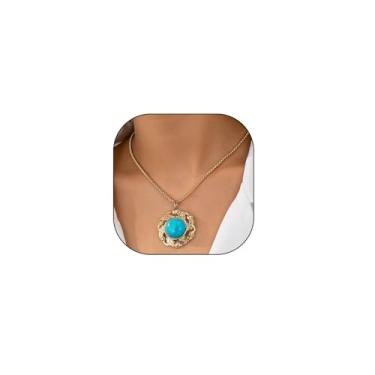 Imagem de Navirix Colar com pingente de turquesa ocidental, joia country, colar gargantilha grande dourada turquesa para mulheres, joia vintage grande oval para concertos pendurados, Large, Liga de aço, Sem