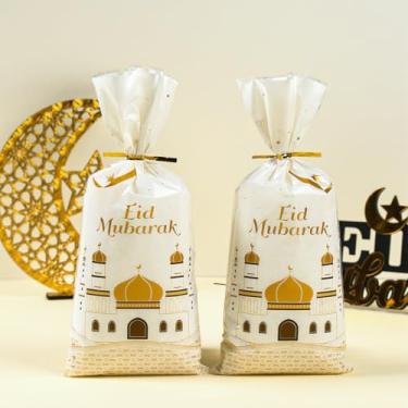 Imagem de 25 unidades de sacos de celofane Eid Mubarak, sacos de guloseimas transparentes com laços torcidos, saco de doces Ramadan Kareem para lembrancinhas de festa e decorações de lanches de férias