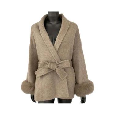 Imagem de Casaco Feminino de Pele de Lã Dupla Face com Punhos Removíveis de Pele