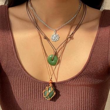 Imagem de Zurlcdye Colares Boho para mulheres, colar boêmio em camadas, pingente de sol, pedra verde, joia vintage, presente para mulheres, Medium, Latão, Sem Pedra Preciosa