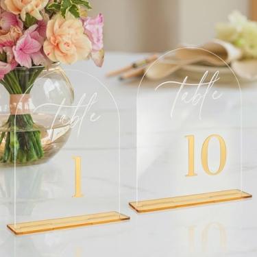 Imagem de WENHUALI Números de mesa de casamento arqueados 1-10 com suportes 14 x 18 cm números dourados números de mesa de acrílico transparente placas para recepção de casamento, aniversário, evento, festa (1