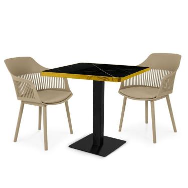 Imagem de Conjunto Mesa De Jantar Quadrada Venezia 70x70cm Preta Com 2 Cadeiras Estofadas Marcela - Nude Escuro