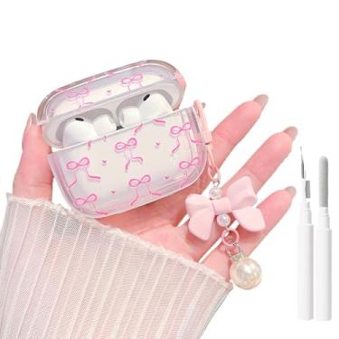 Imagem de MINSCOSE Capa transparente para AirPods 4 com kit de limpeza, design feminino com laço de coração com lindo chaveiro de pérola, capa protetora de TPU macio à prova de choque para meninas e mulheres