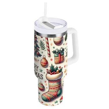 Imagem de ODAWA Copo de aço inoxidável grande com alça e palha, copo com isolamento de outono bege festivo de Natal