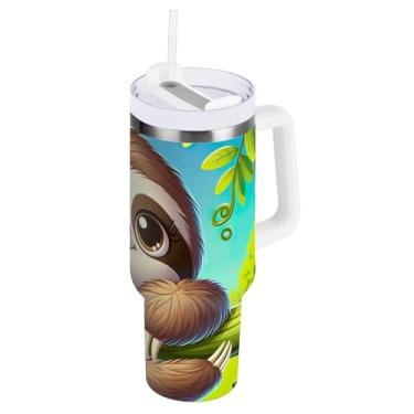 Imagem de ODAWA Copo isolado de parede dupla de 850 g, lindos copos de isolamento duplo verde preguiça com alça e tampa de canudo