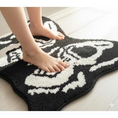 Imagem de Tapete de área de Halloween crânio preto e branco para cozinha, quarto, sala de estar, banheiro, estúdio, tapete adornado, antiderrapante, lavável na máquina, gótico 51 x 61 cm