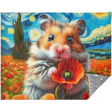 Imagem de Manta personalizada de flores de papoula hamster noite estrelada para sofá sherpa cobertores de sofá para mulheres 177,8 cm x 139,7 cm folha sofá macio