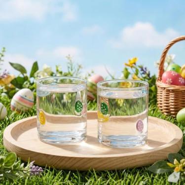 Imagem de SiliFine Pacote com 4 copos de vidro com ícone de páscoa 396 g copos de suco com ícones de ovos coloridos duplos à moda antiga soprados à mão sem haste, copo de café gelado, copo para beber café