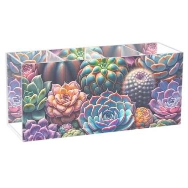 Imagem de TSENQUE Suporte de caneta colorido com estampa floral de suculentas para mesa, arte acrílica, suporte de pincéis de maquiagem, organizador de copo de escritório para mesa