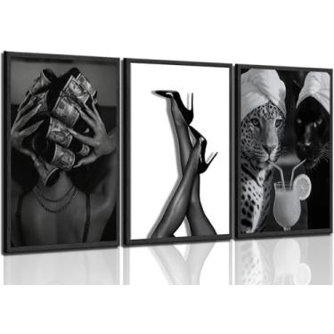 Imagem de 3 peças de arte de parede em tela de leopardo na moda preto e branco glamouroso mulher negra decoração de parede banheiro saltos de guepardo pôsteres imagens moda preppy luxo estético impressões