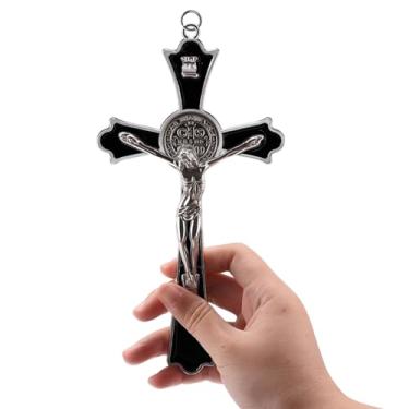 Imagem de Cruz de parede de crucifixo de São Bento esmaltado de metal de 20 cm cruz católica INRI decoração de parede dê bênçãos e o presente espiritual sagrado: fé para seus conhecidos (preto)