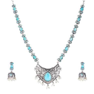 Imagem de Efulgenz Conjunto de joias indianas indianas oxidadas, colar antigo, boêmio, cristal, falso, pérola, floral, pingente Jhumki, brincos com pingente boêmio, conjunto de joias para mulheres, Cobre, Sem