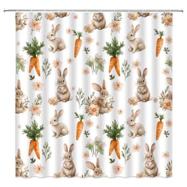 Imagem de AMFD Cortina de chuveiro coelhinho da páscoa primavera floral bonito coelho cenouras brancas conjunto de tecido decorativo inclui ganchos, (177,8 cm x 170 H)