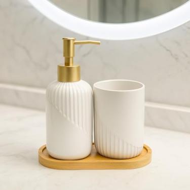 Imagem de Kit Banheiro Lavabo em Cerâmica com Dispenser para Sabonete Líquido e Porta Escova de Dente Decorativo(GLACIAL BRANCO)