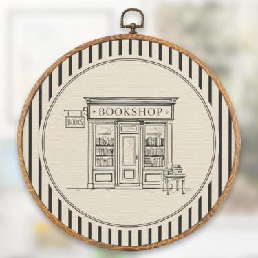 Imagem de Livraria listrada vintage, decoração de arte de parede redonda, livros retrô preto e branco, arte de parede, decoração para quarto, sala de estar, sala de aula, presente para amantes de livros, 25,4 x