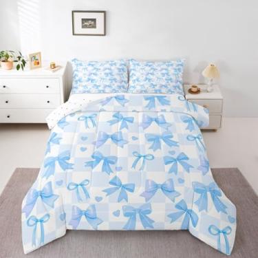 Imagem de jejeloiu Conjunto de edredom com laço azul, tamanho solteiro, para crianças, meninos, meninas, princesa, sonhador, edredom para decoração de quarto, microfibra, 2 peças com 1 fronha