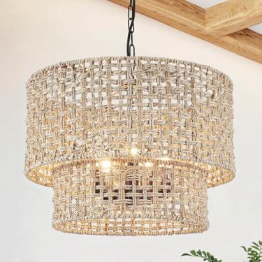 Imagem de Lustre de casa de fazenda de vime de 2 níveis 5 luzes grandes Boho luminárias penduradas em tambor costeiro lustres tecidos à mão para sala de estar sala de jantar cozinha ilha hall de entrada