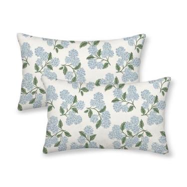 Imagem de AEIOAE Conjunto de 2 capas de almofada de primavera, 30 x 50 cm, verde e azul, hortênsia, floral, verão, ao ar livre, sazonal, decoração de casa de fazenda, capas de almofada para sofá-cama e sofá