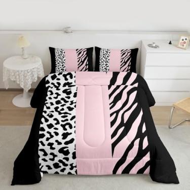 Imagem de Feelyou Conjunto de edredom com estampa de leopardo, para todas as estações, com listras de zebra e 2 fronhas, guepardo e pele de zebra, Queen com estampa de animal, respirável, macio e leve